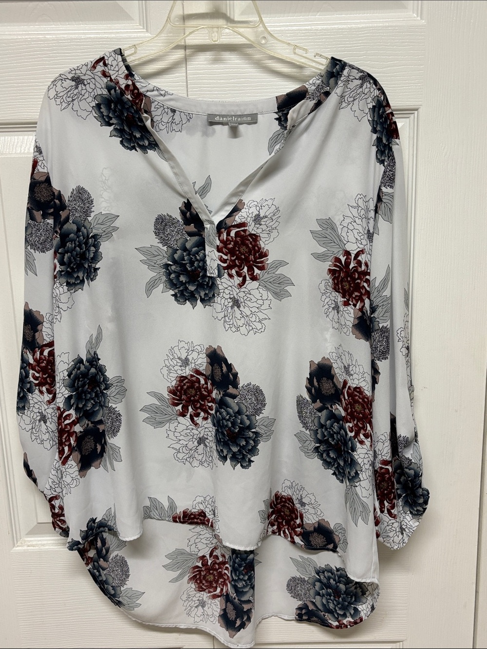 Daniel Rainn White Floral Split-V Neck Tunic with Burgundy and Charcoal Blooms